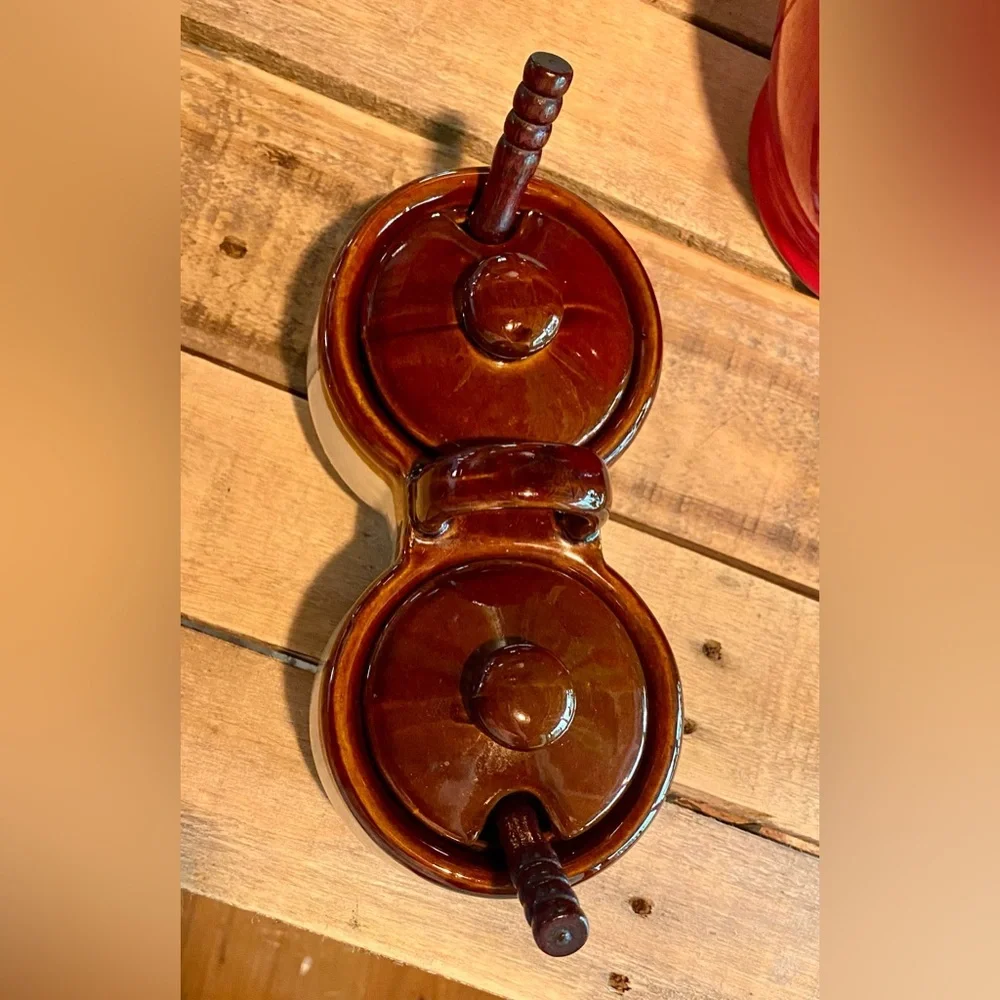 🔥Brown Drip Condiment Double Bowl with Lids & Spoons🔥